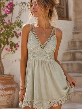 POL Anthropologie Style Lace Mini Dress Sage Green Crochet Boho Festival Strappy